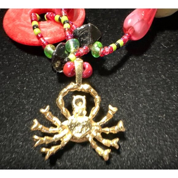 Vintage Exotic Boho Crab Red Jade Necklace 10k Gold Filled Bead CZ Pink Green - Picture 3 of 9